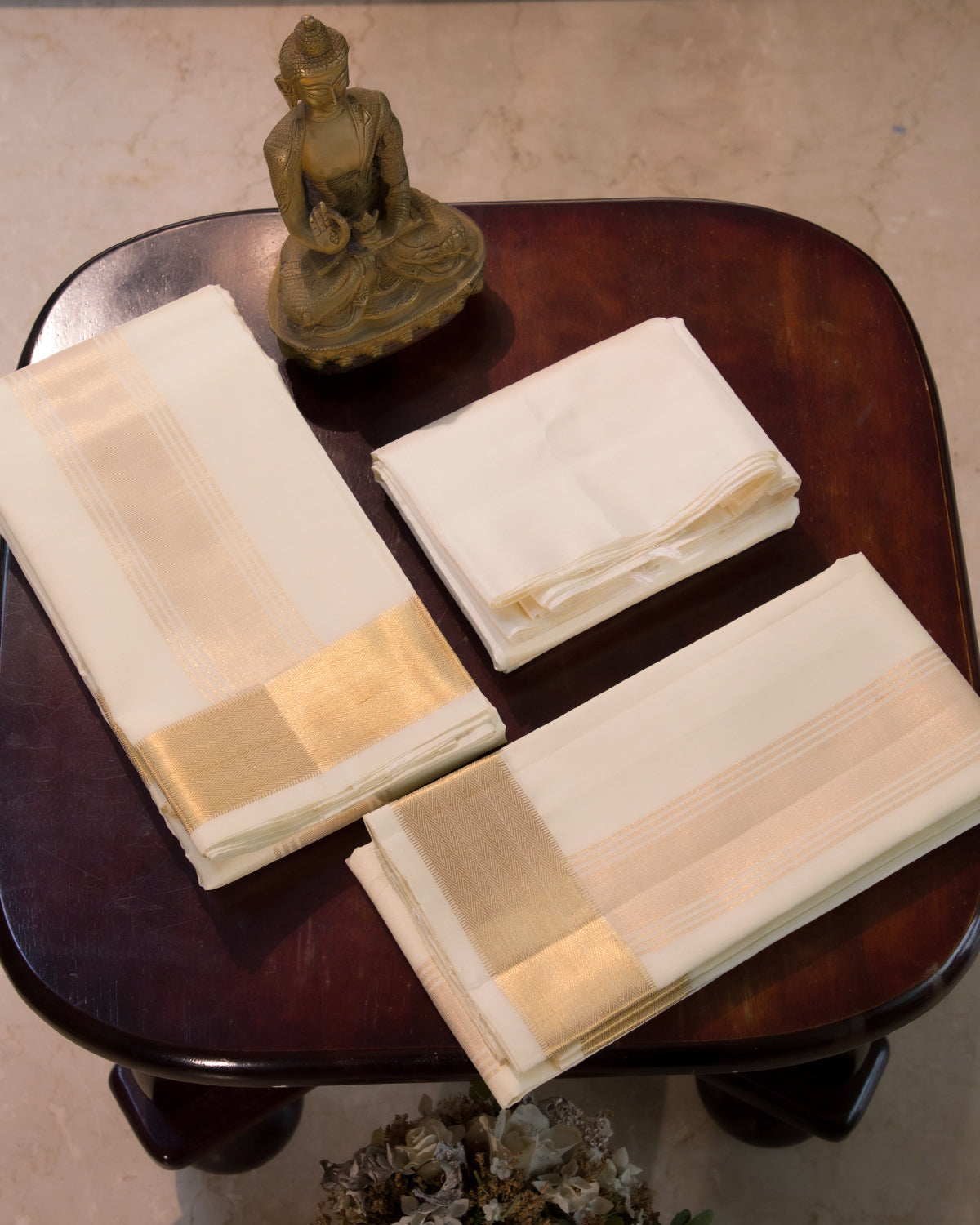 Cream White Pure Silk Dhoti (8x4) Yards with Gold Zari Border