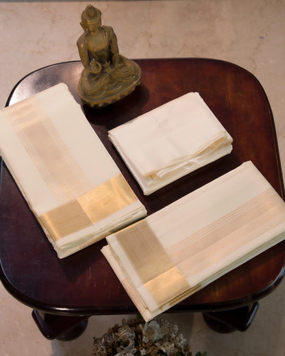 Cream White Pure Silk Dhoti (8x4) Yards with Gold Zari Border