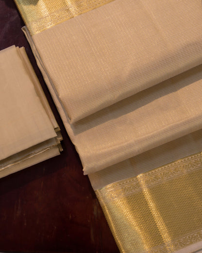 Premium Gold Traditional Checks Handloom Pure Kanjivaram Silk (9x5) Dhoti, Angavastram & Shirt (2.50M) With Border