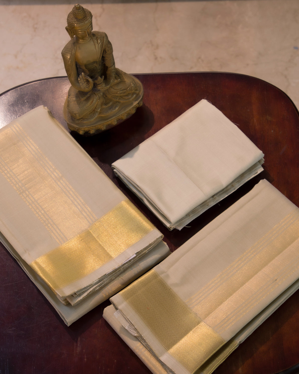 Half White Pure Silk (8x4) Dhoti, Angavastram & Shirt (2.50M) with Gold Zari Border