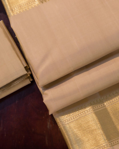 Premium Cream Gold Plain Handloom Pure Kanjivaram Silk (9x5) Dhoti, Angavastram & Shirt (2.50M) With Traditional Border