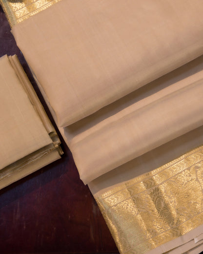 Premium Cream Gold Plain Handloom Pure Kanjivaram Silk (9x5) Dhoti, Angavastram & Shirt (2.50M) With Traditional Border