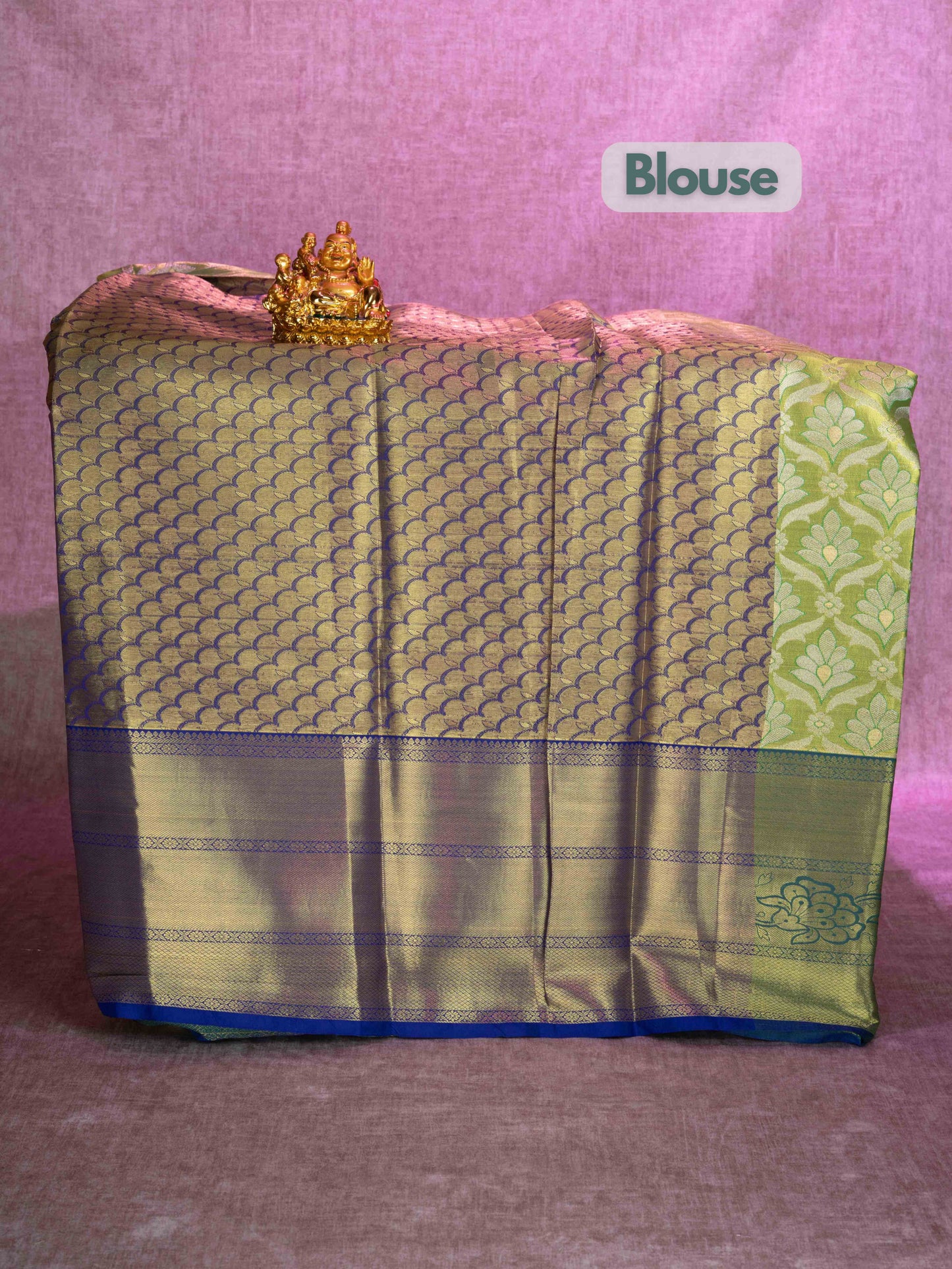Mix Pattu Pavadai (Parrot Green Tissue) With Olive Blue Blouse 44"