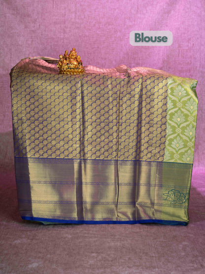 Mix Pattu Pavadai (Parrot Green Tissue) With Olive Blue Blouse 44"