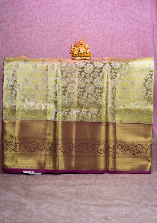 Mix Silk Pattu Pavadai ( Yellow Green Tissue ) With Gold Blouse  44"
