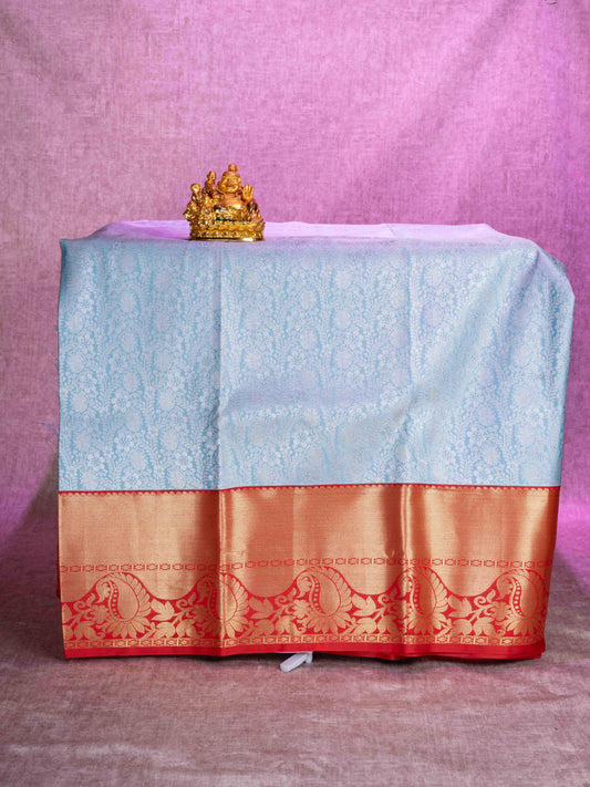 Mix Pattu Pavadai (Ice Blue) With Red Blouse 44"
