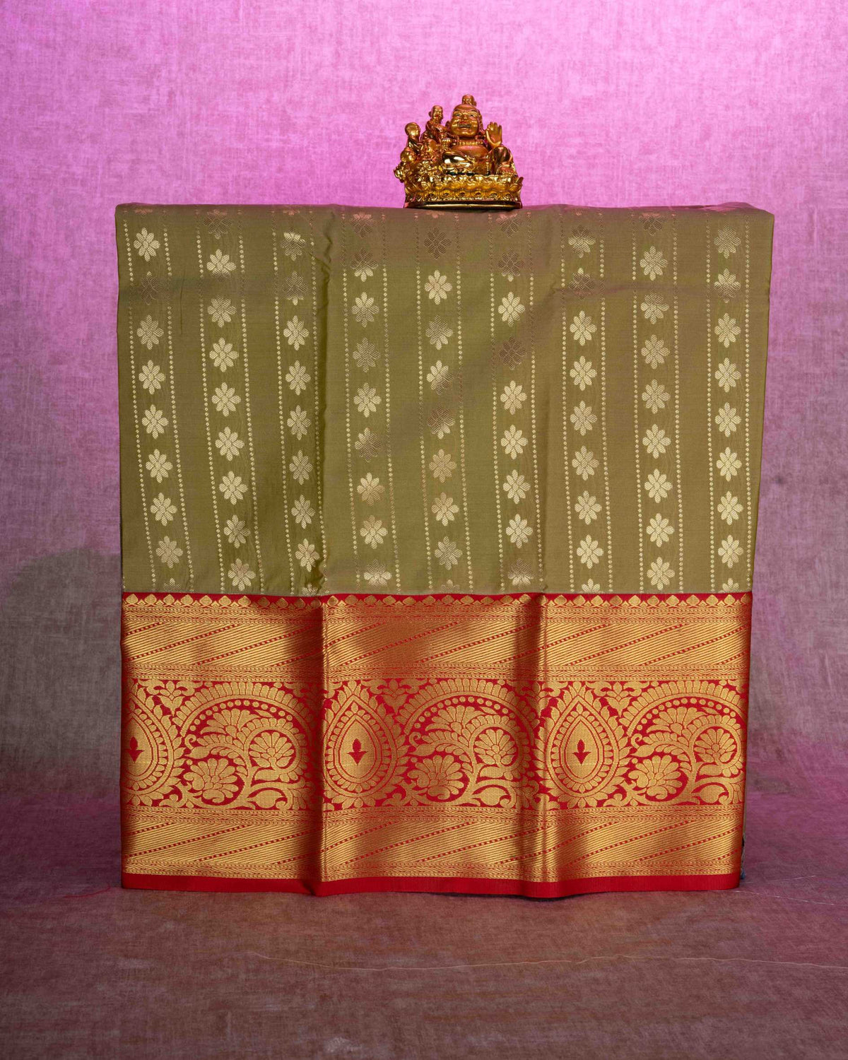 Semi Silk Pattu Pavadai ( Olive Mustard Yellow ) With Red Blouse 36"