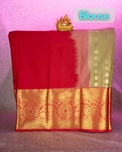 Mix Pattu Pavadai ( Olive Mustard Yellow ) With Red Blouse 36"