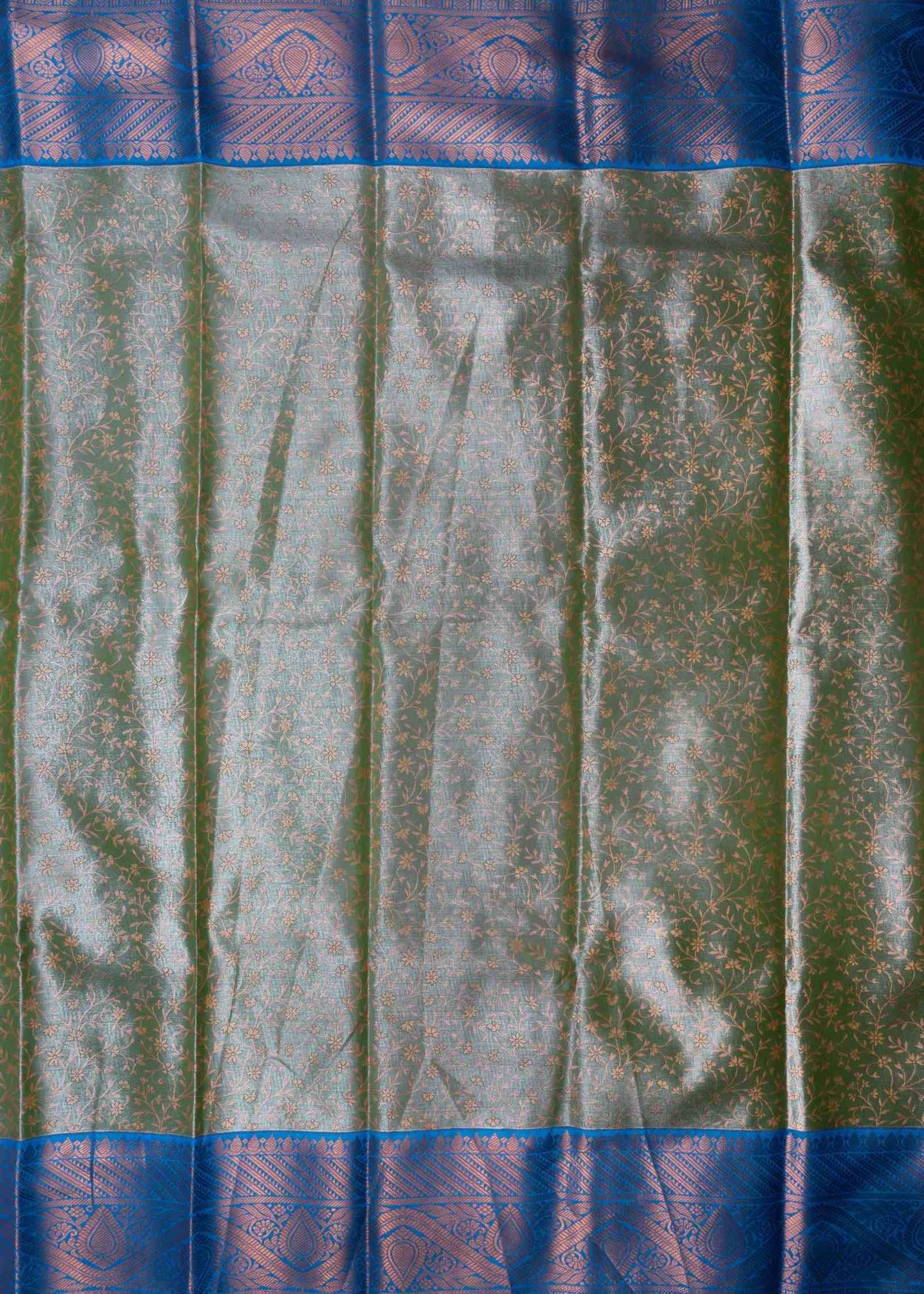 Beige Tissue Bridal Semi Silk Saree With Bottle Green Border