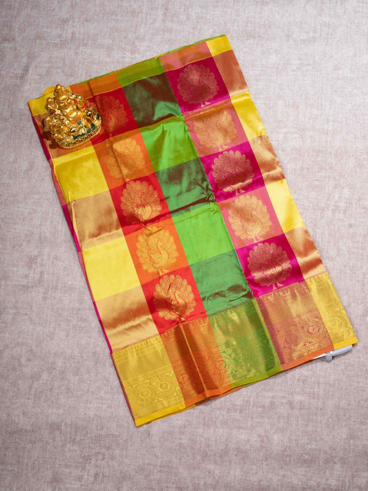Pure Silk Pattu Pavadai (MultiColour Checks) With Green Blouse 27"