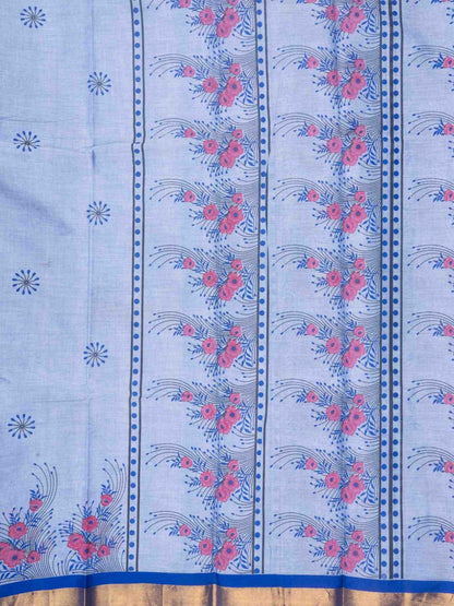 Blue Shade Printed Cotton Saree with Running Blouse