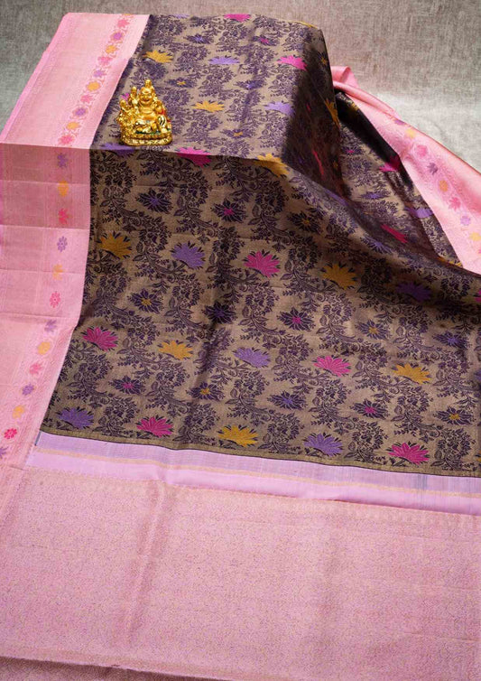 Kanjivaram Pure Silk Saree Meenakari Work Purple With Baby Pink Blouse