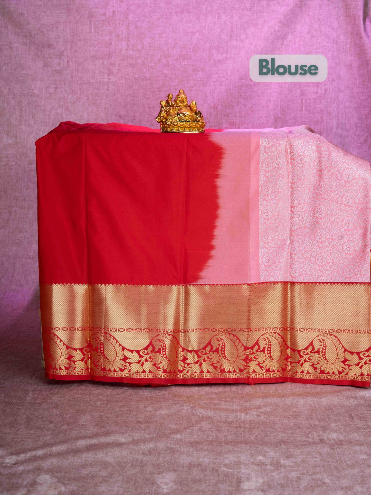 Mix Pattu Pavadai (Peach Pink) With Red Blouse 44"