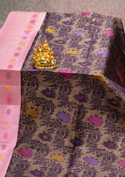 Kanjivaram Pure Silk Saree Meenakari Work Purple With Baby Pink Blouse