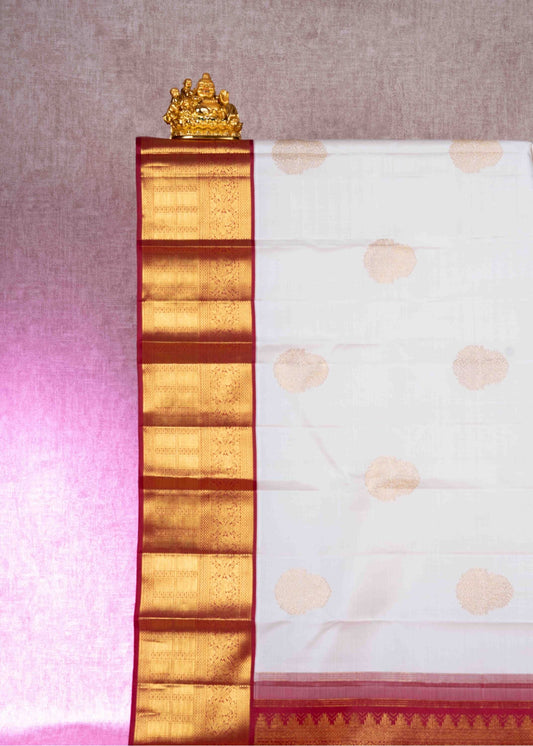 Kanjivaram Pure Silk Saree White With Maroon Blouse