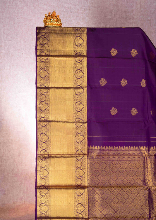 Kanjivaram Pure Silk Saree Violet With Long Gold Zari Border