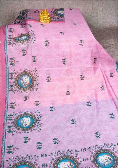 Fancy Chanderi Cotton Mix KalamKari Saree Baby Pink With Blue Blouse
