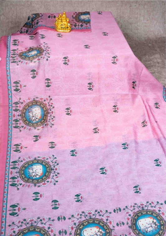 Fancy Chanderi Cotton Mix KalamKari Saree Baby Pink With Blue Blouse