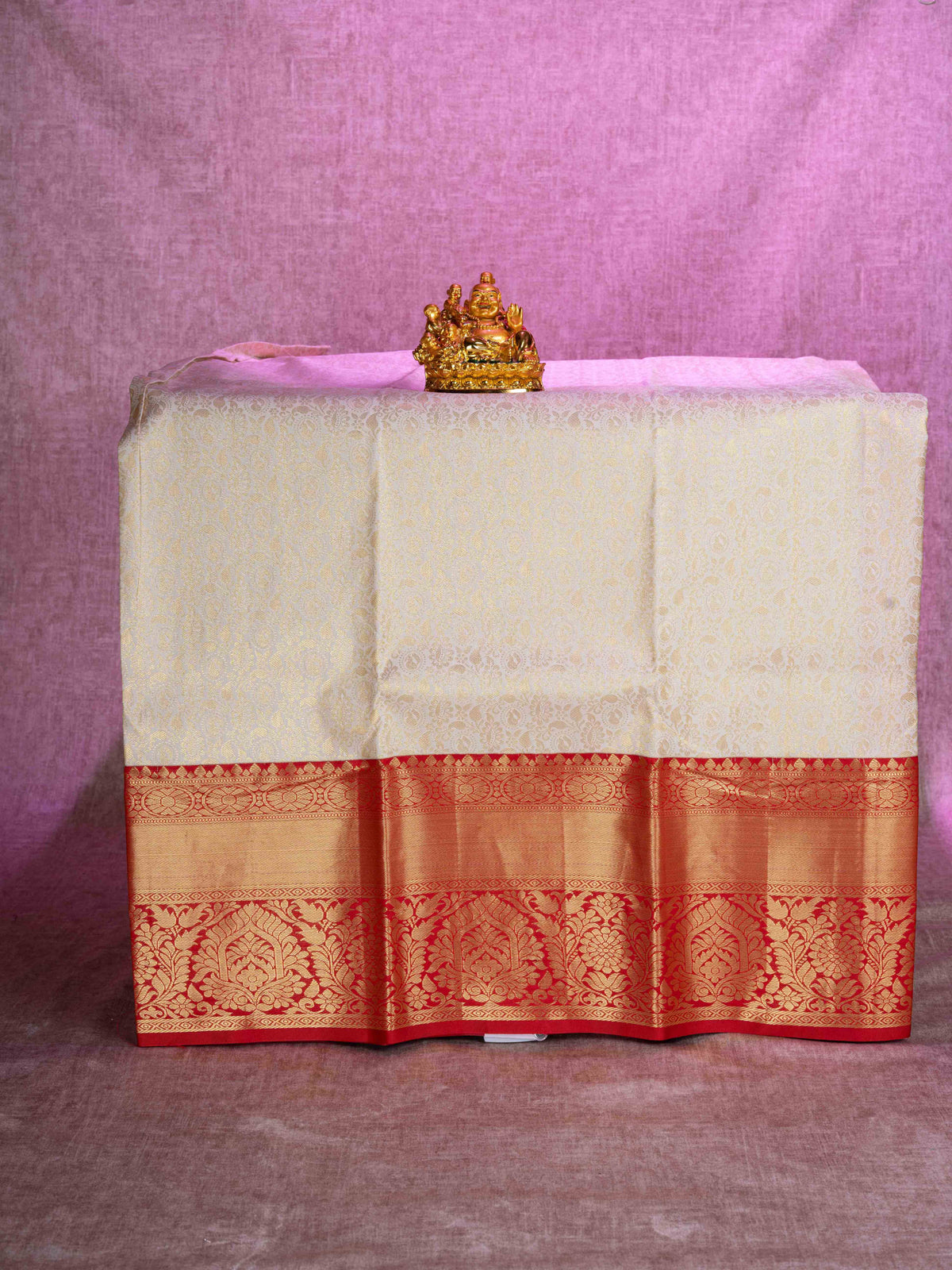 Semi Silk Pattu Pavadai (Half White) With Red Blouse 44"