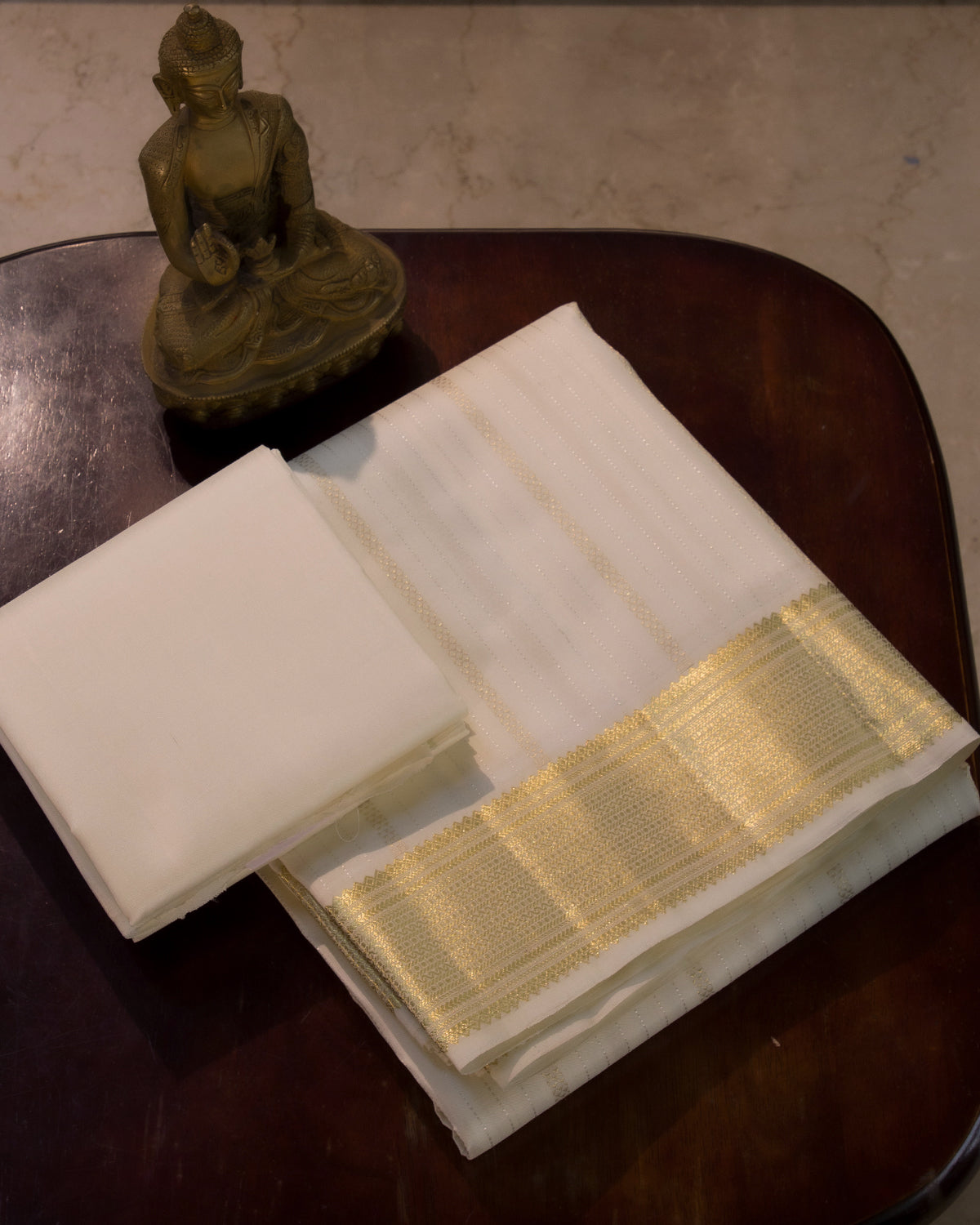 Premium White Traditional Gold And Silver Lines Handloom Pure Kanjivaram Silk (9x5) Dhoti, Angavastram & Shirt (2.50M) With Border