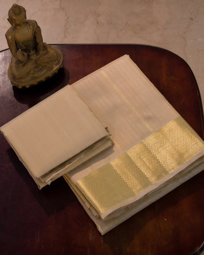 Premium Cream Gold Traditional Gold And Silver Lines Handloom Pure Kanjivaram Silk (9x5) Dhoti, Angavastram & Shirt (2.50M) With Border