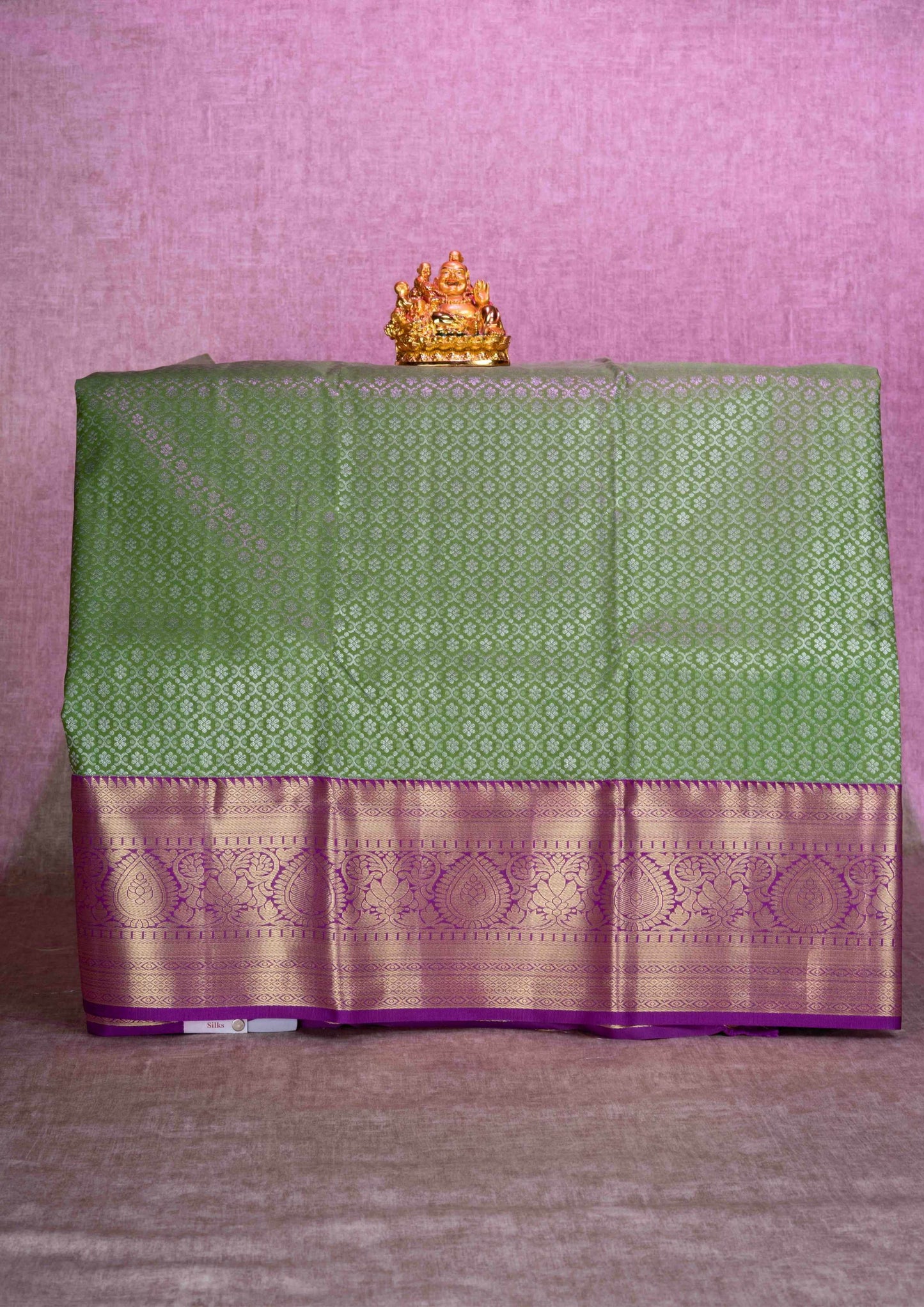 Mix Silk Pattu Pavadai ( Dark Elaichi Green ) With Violet Blouse  44"