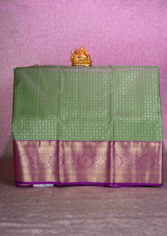Mix Silk Pattu Pavadai ( Dark Elaichi Green ) With Violet Blouse  44"