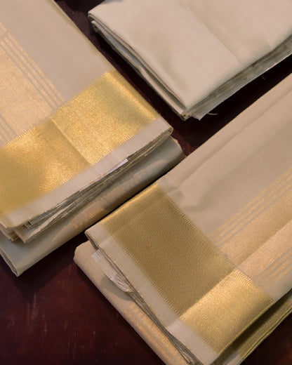 Half White Pure Silk (8x4) Dhoti, Angavastram & Shirt (2.50M) with Gold Zari Border