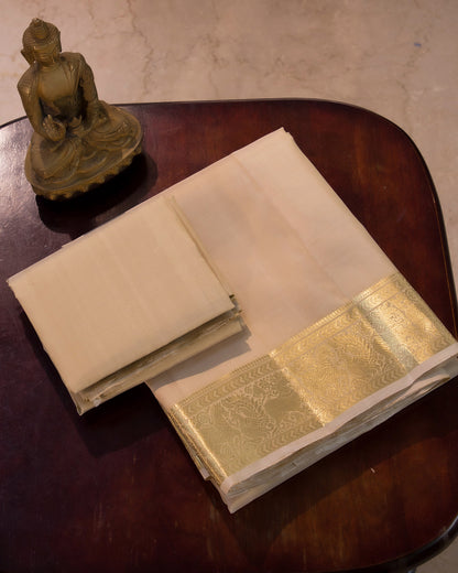 Premium Cream Gold Plain Handloom Pure Kanjivaram Silk (9x5) Dhoti, Angavastram & Shirt (2.50M) With Traditional Border