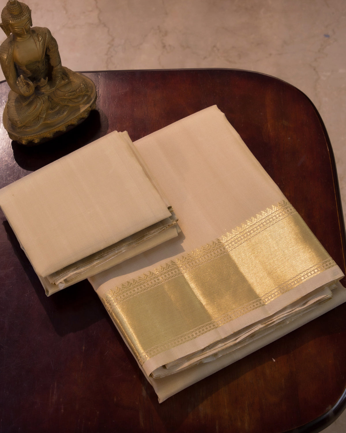 Premium Cream Gold Plain Handloom Pure Kanjivaram Silk (9x5) Dhoti, Angavastram & Shirt (2.50M) With Traditional Border