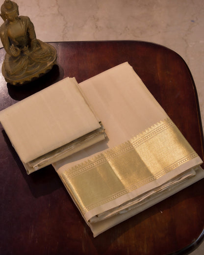 Premium Cream Gold Plain Handloom Pure Kanjivaram Silk (9x5) Dhoti, Angavastram & Shirt (2.50M) With Traditional Border