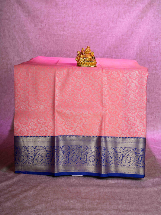 Mix Pattu Pavadai (Peach) With Navy Blue Blouse 44"