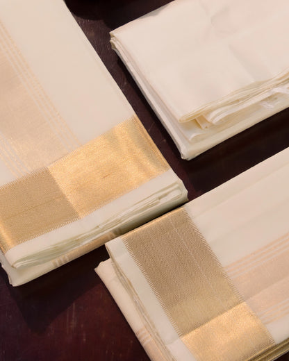 Cream White Pure Silk Dhoti (8x4) Yards with Gold Zari Border