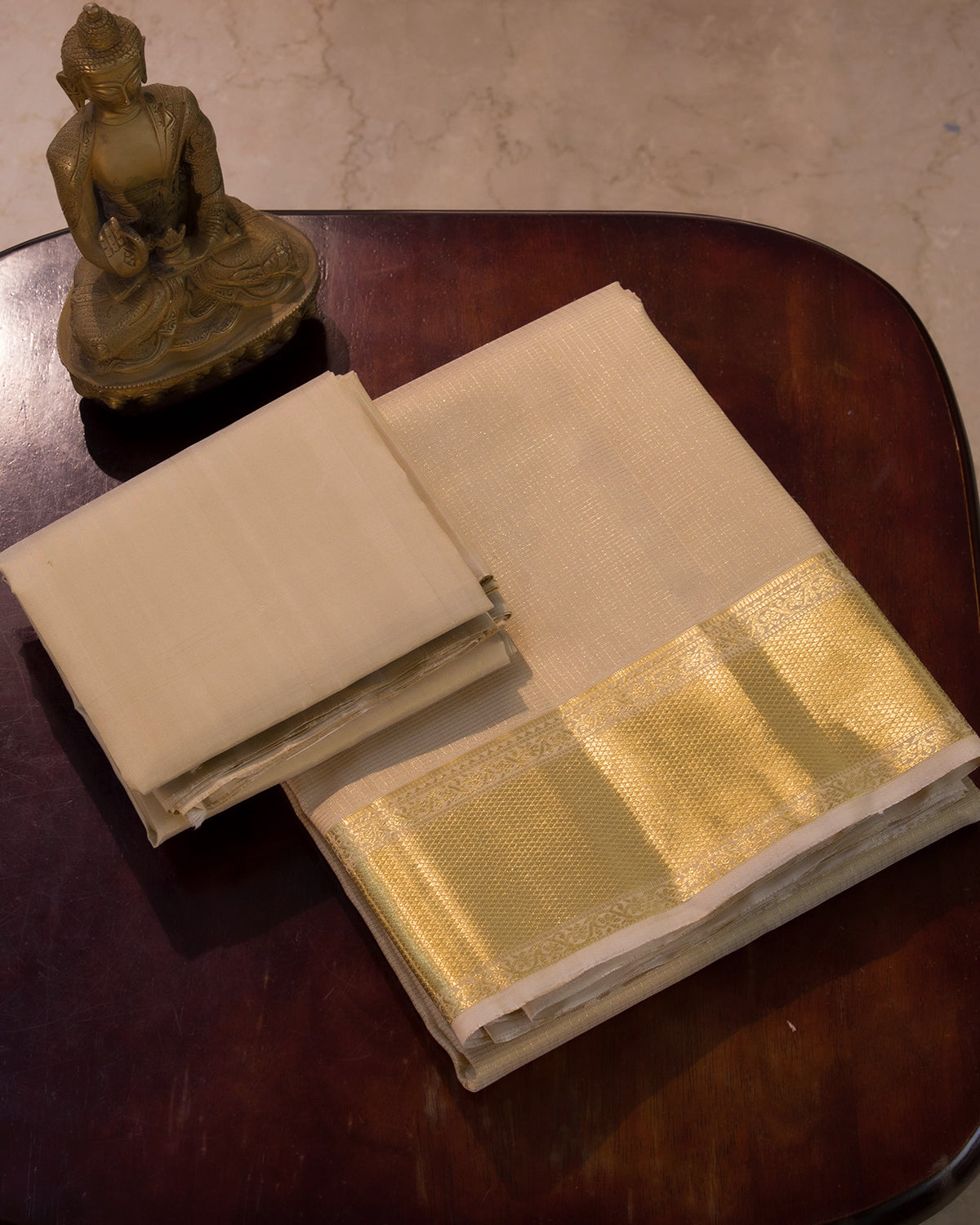 Premium Gold Traditional Checks Handloom Pure Kanjivaram Silk (9x5) Dhoti, Angavastram & Shirt (2.50M) With Border