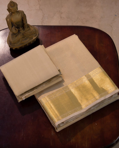 Premium Gold Traditional Checks Handloom Pure Kanjivaram Silk (9x5) Dhoti, Angavastram & Shirt (2.50M) With Border