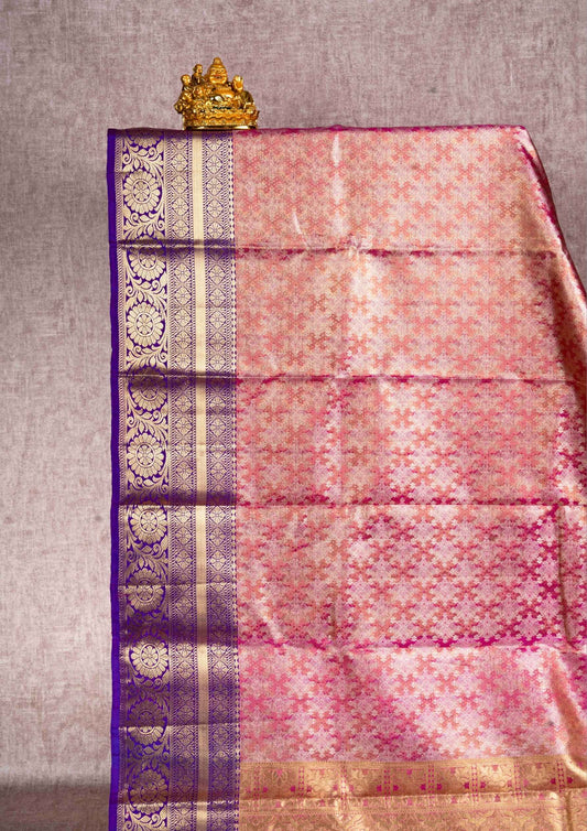 Pink Tissue  Grand Puremix Silk Saree With  Violet Border