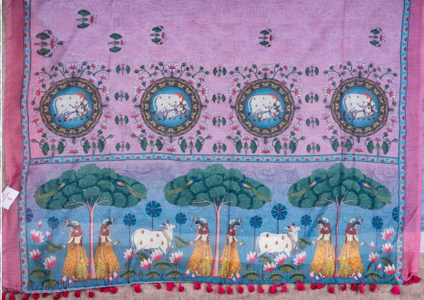 Fancy Chanderi Cotton Mix KalamKari Saree Baby Pink With Blue Blouse