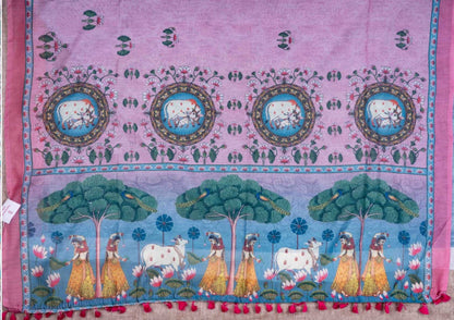 Fancy Chanderi Cotton Mix KalamKari Saree Baby Pink With Blue Blouse