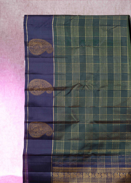 Bottle Green Kanjivaram Pure Silk Saree With Navy Blue Blouse