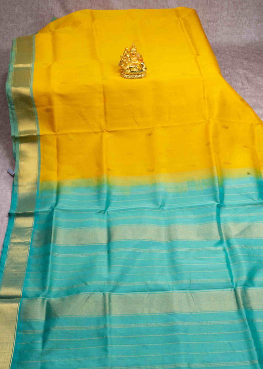 Yellow Kanjivaram Pure Silk Cotton with Sapphire Green Blouse