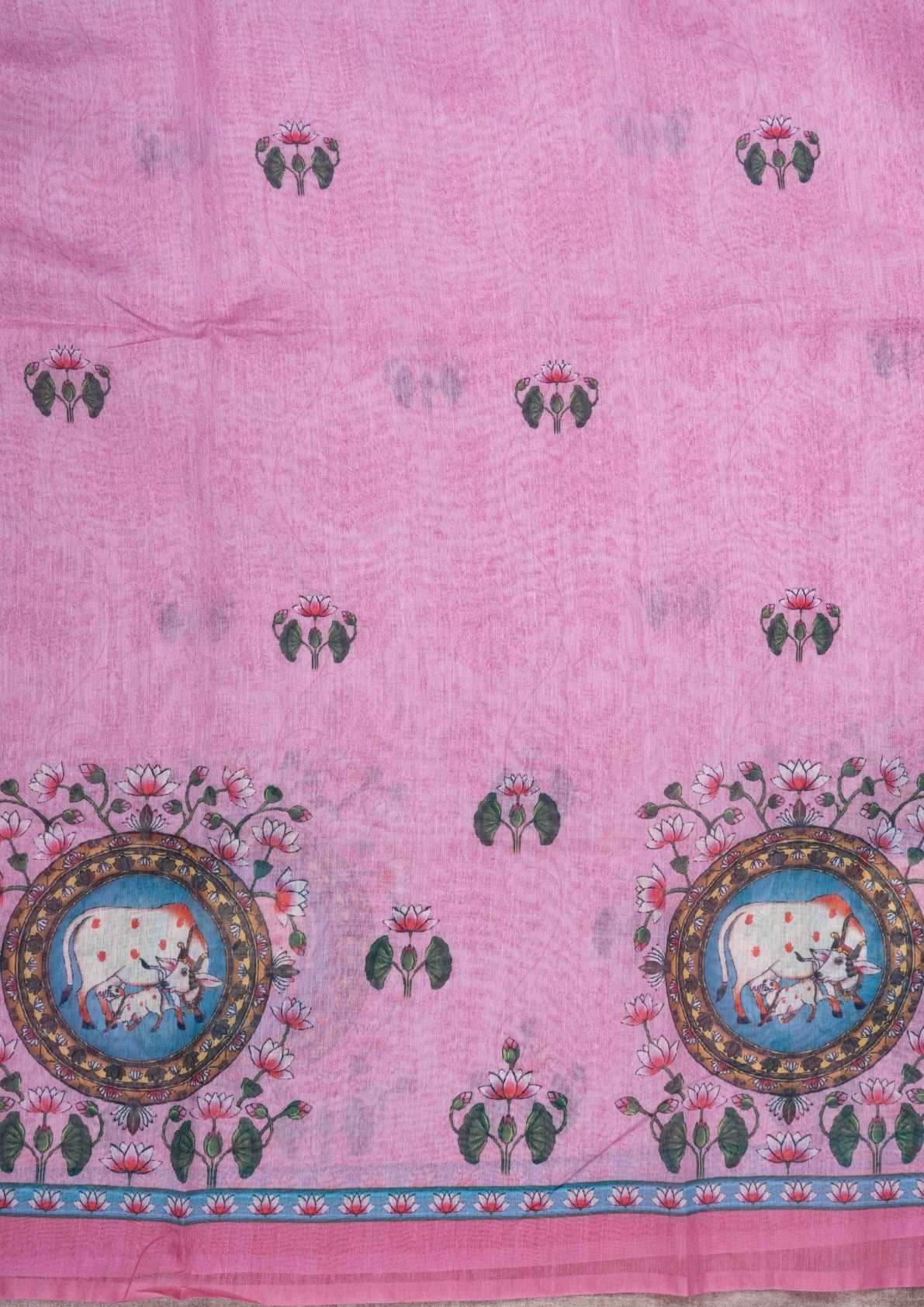 Fancy Chanderi Cotton Mix KalamKari Saree Baby Pink With Blue Blouse