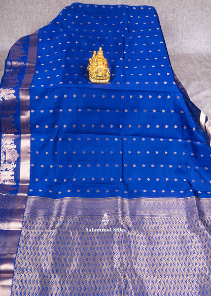 Royal Blue Kanjivaram Pure Silk Saree with Pallakku Border and Plain Blouse