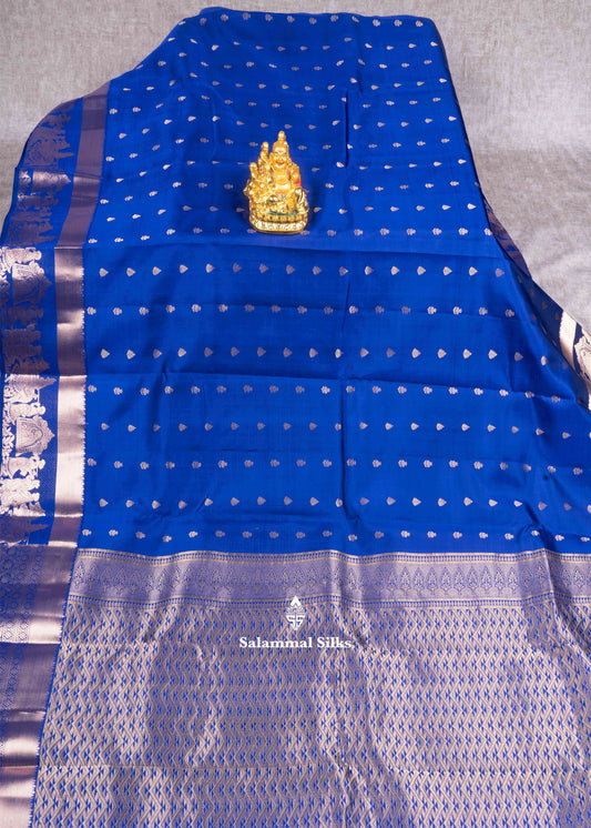 Royal Blue Kanjivaram Pure Silk Saree with Pallakku Border and Plain Blouse