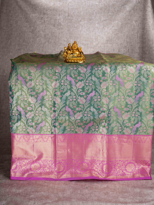 Mix Pattu Pavadai (Green Tissue) With Pink Blouse 44"