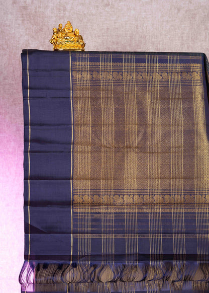 Bottle Green Kanjivaram Pure Silk Saree With Navy Blue Blouse