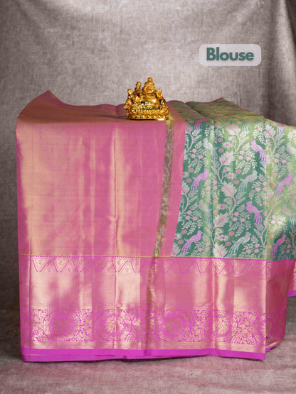 Semi Silk Pattu Pavadai (Green Tissue) With Pink Blouse 44"