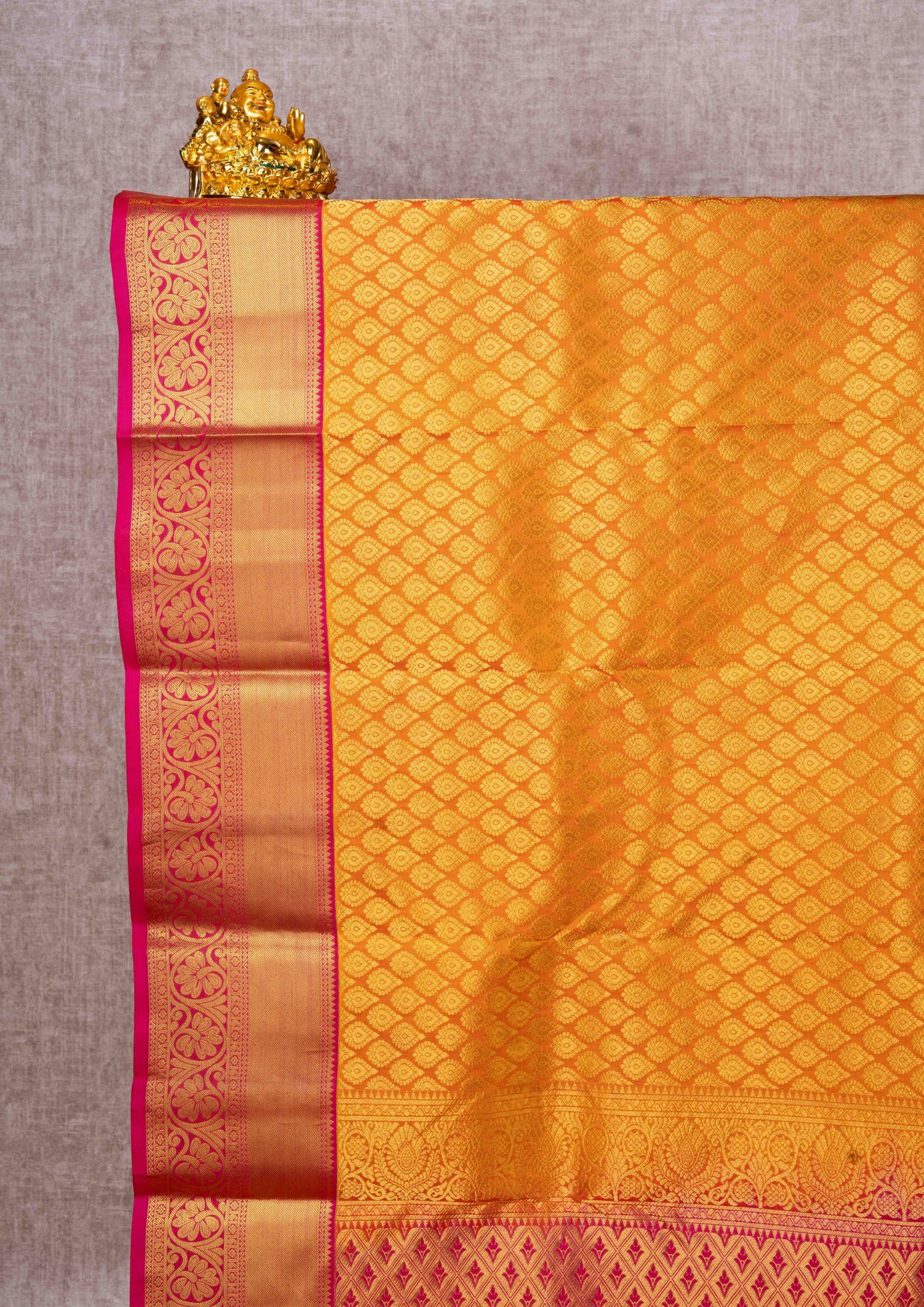 Kanjivaram Mustard Yellow Pure Silk Jacquard Saree With Pink Blouse