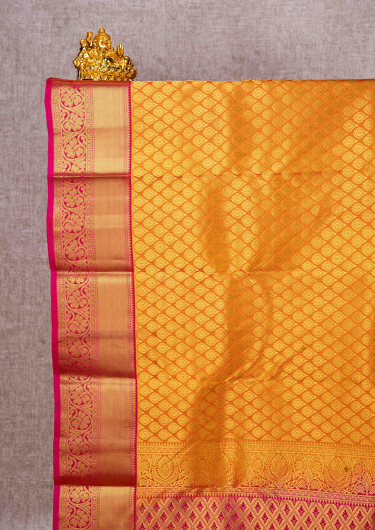 Kanjivaram Mustard Yellow Pure Silk Jacquard Saree With Pink Blouse