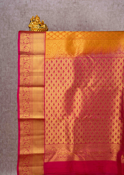 Kanjivaram Mustard Yellow Pure Silk Jacquard Saree With Pink Blouse