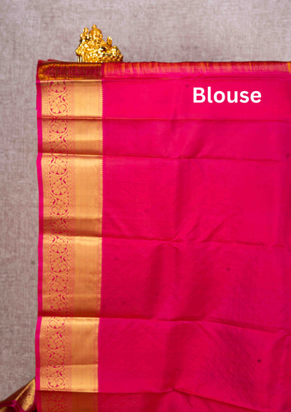 Kanjivaram Mustard Yellow Pure Silk Jacquard Saree With Pink Blouse